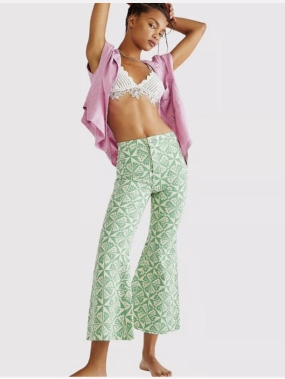 We The Free | Patterned Green Cropped Flare Pants